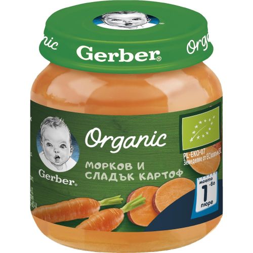 Gerber био пюре моркови и сладък картоф, 4+ месеца (125 г)