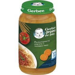 Gerber органик пюре от пълнозърнести спагети и пилешко месо (250 г)