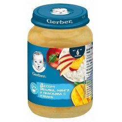 Gerber пюре десерт ябълка, манго и праскова с извара, 6+ месеца (190 г)