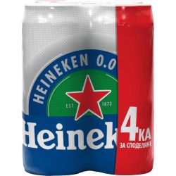 Heineken 0.0 безалкохолна бира, кен, 4 бр. х 500 мл (2 л)