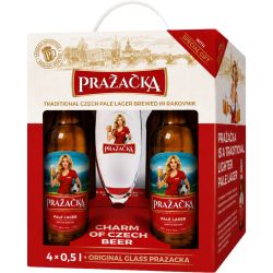 Pražačka светла бира, 4 x 500 мл + чаша (2 л)